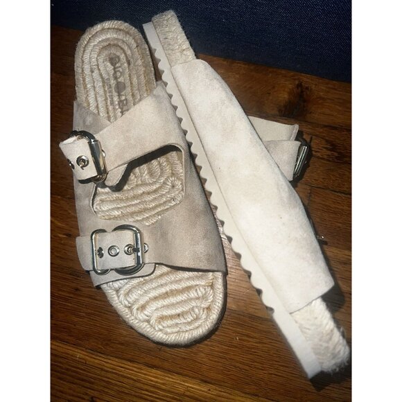 Bio Bio Beige Suede Leather Slide Buckle Espadrilles Sandals Sz US 9.5 - NEW - Picture 2 of 13